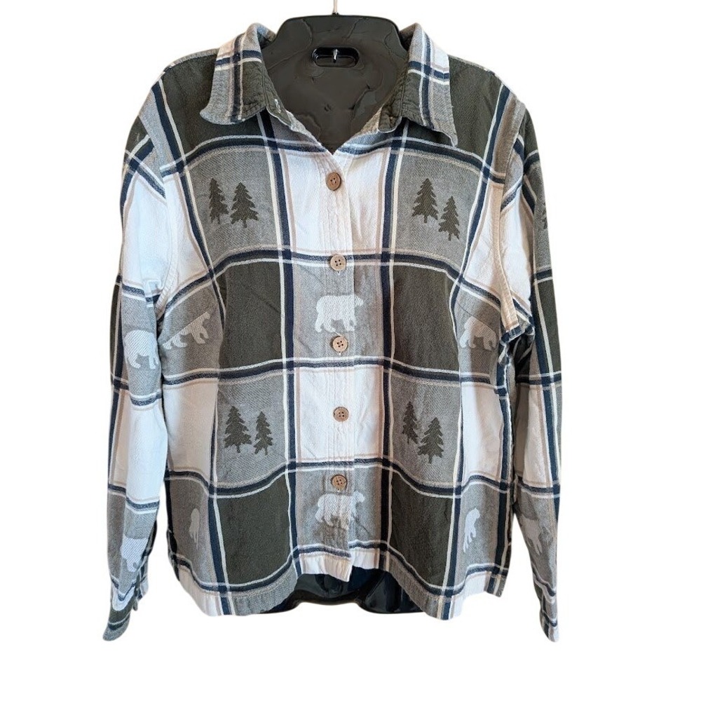 CJ Banks Button Shirt Womens L Jacket Green Plaid Bear Pine Cabincore Granola